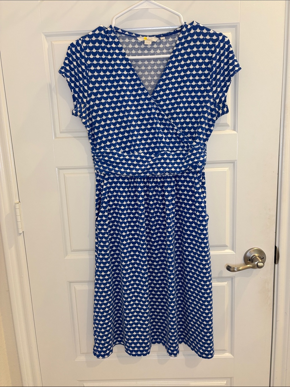 Boden Blue White Geometric Print Wrap Dress Short Sleeve Petite 6P